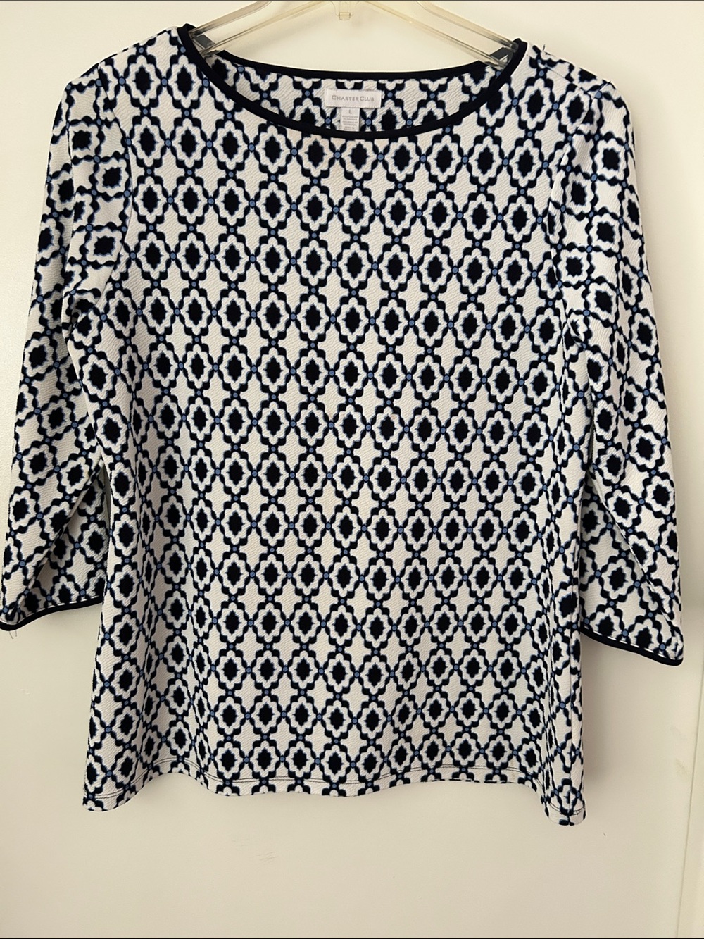 Charter Club Navy & White Geometric Print 3/4 Sleeve Top